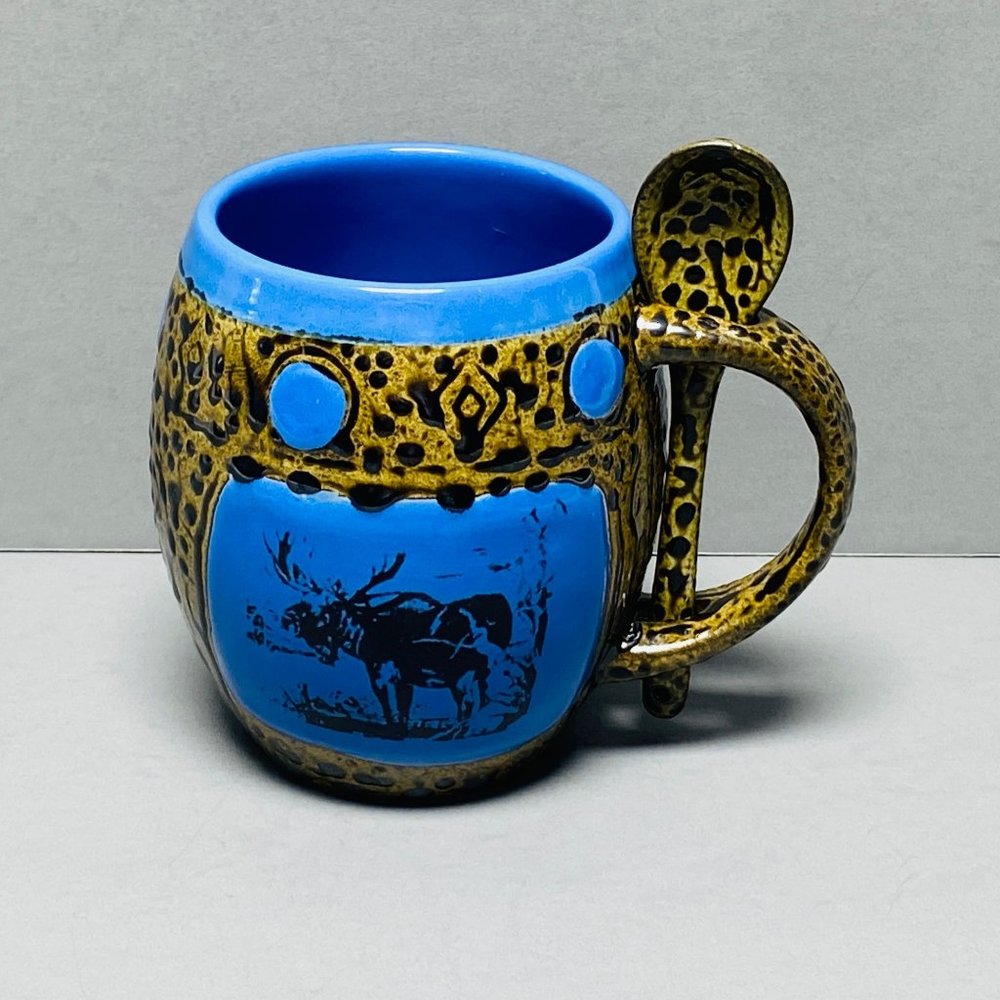 Always Azul Pottery Mug W/ Spoon Blue and Brown Colorado Moose